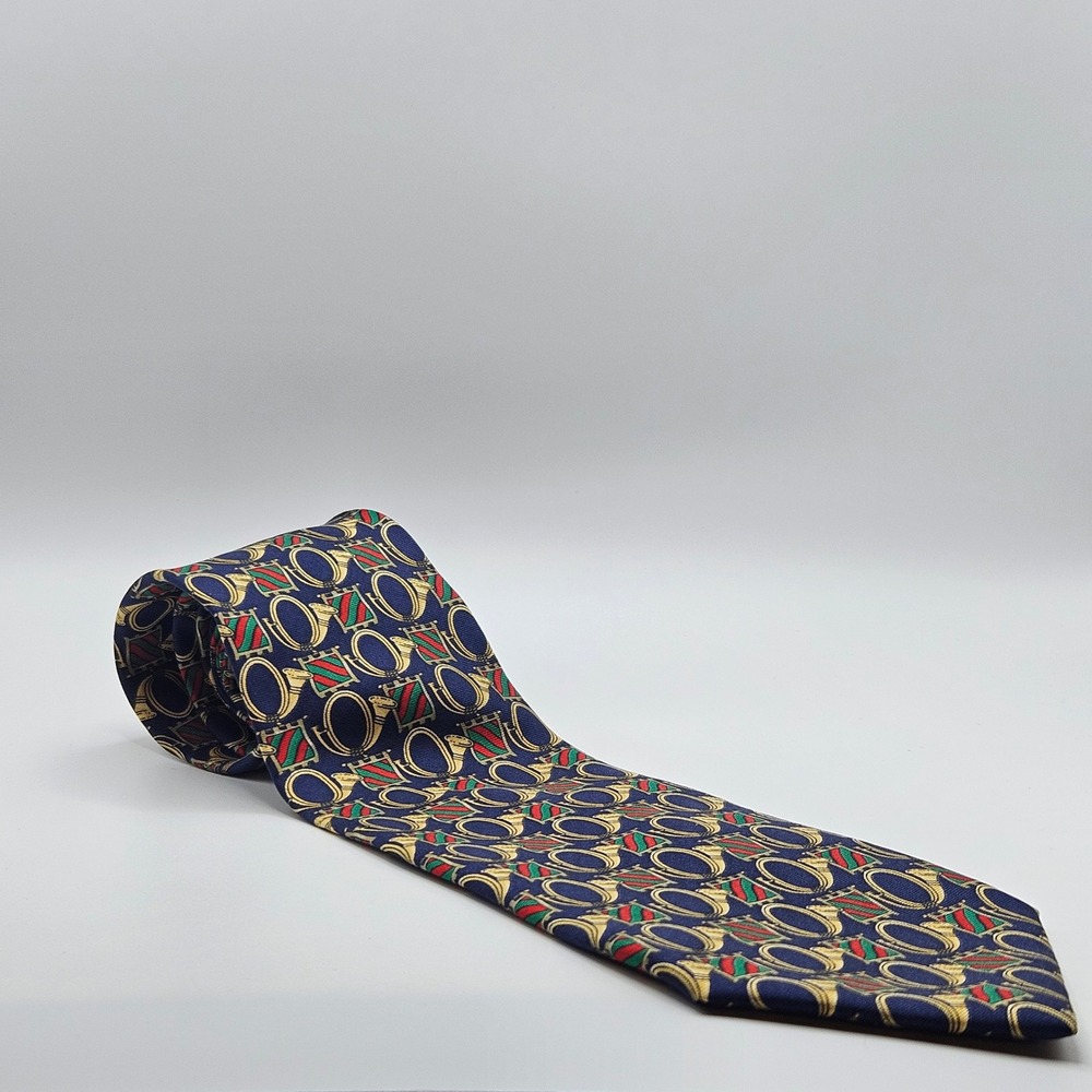 Da Vinci Firenze Men's Silk Tie Navy Blue French Horn AOP Necktie made in Italy